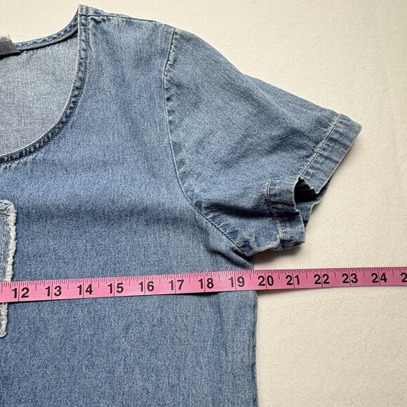 BLEU BAYOU Women Denim Midi Dress Sz M Blue Embroider Patches Short Sleeve 26-11 - Picture 9 of 11